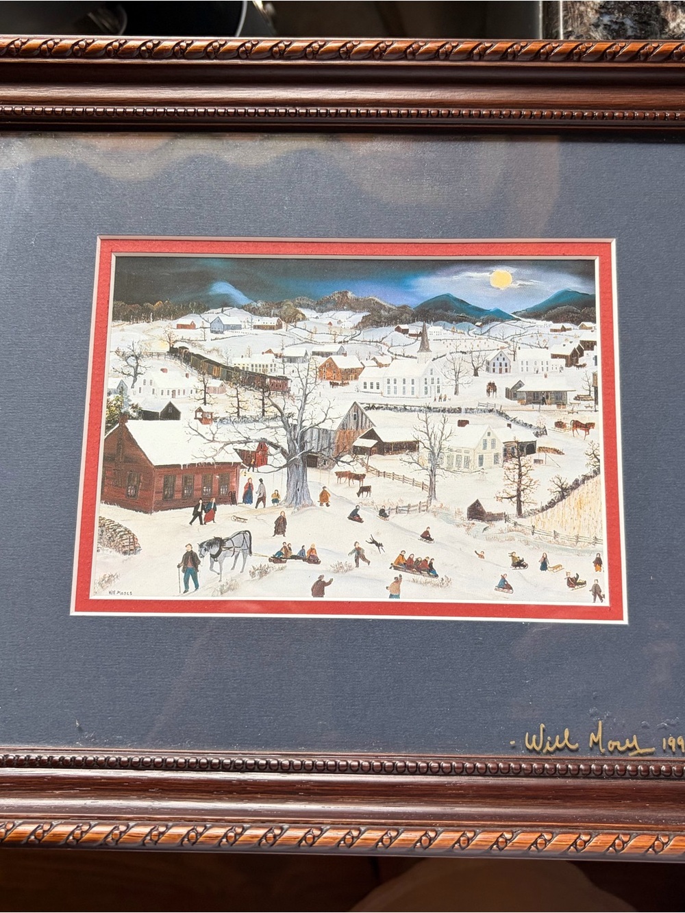 Will Moses Moonlight Coasting singed Winter Village Print in Decorative Frame